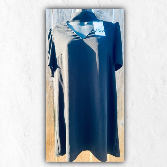 “New Zara Black Midi Dress with Tags - High Neck, Short Sleeves, Size L, Made in - Picture 9 of 15